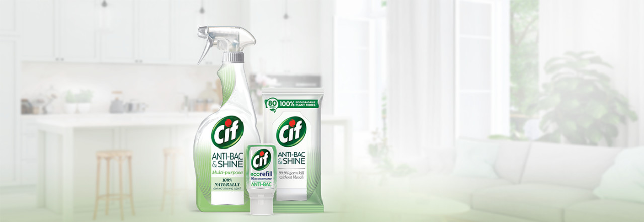 Image of the 3 new anti-bacterial cleaning products by Cif