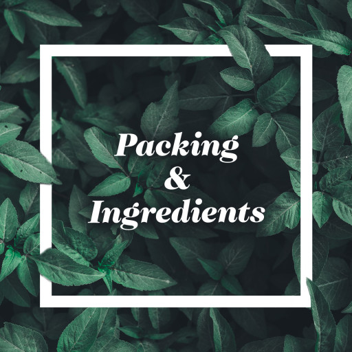 Packing & Ingredients text on a background of leaves 