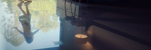 This image depicts a reflection of a young girl dancing in the middle of her shiny kitchen floor.